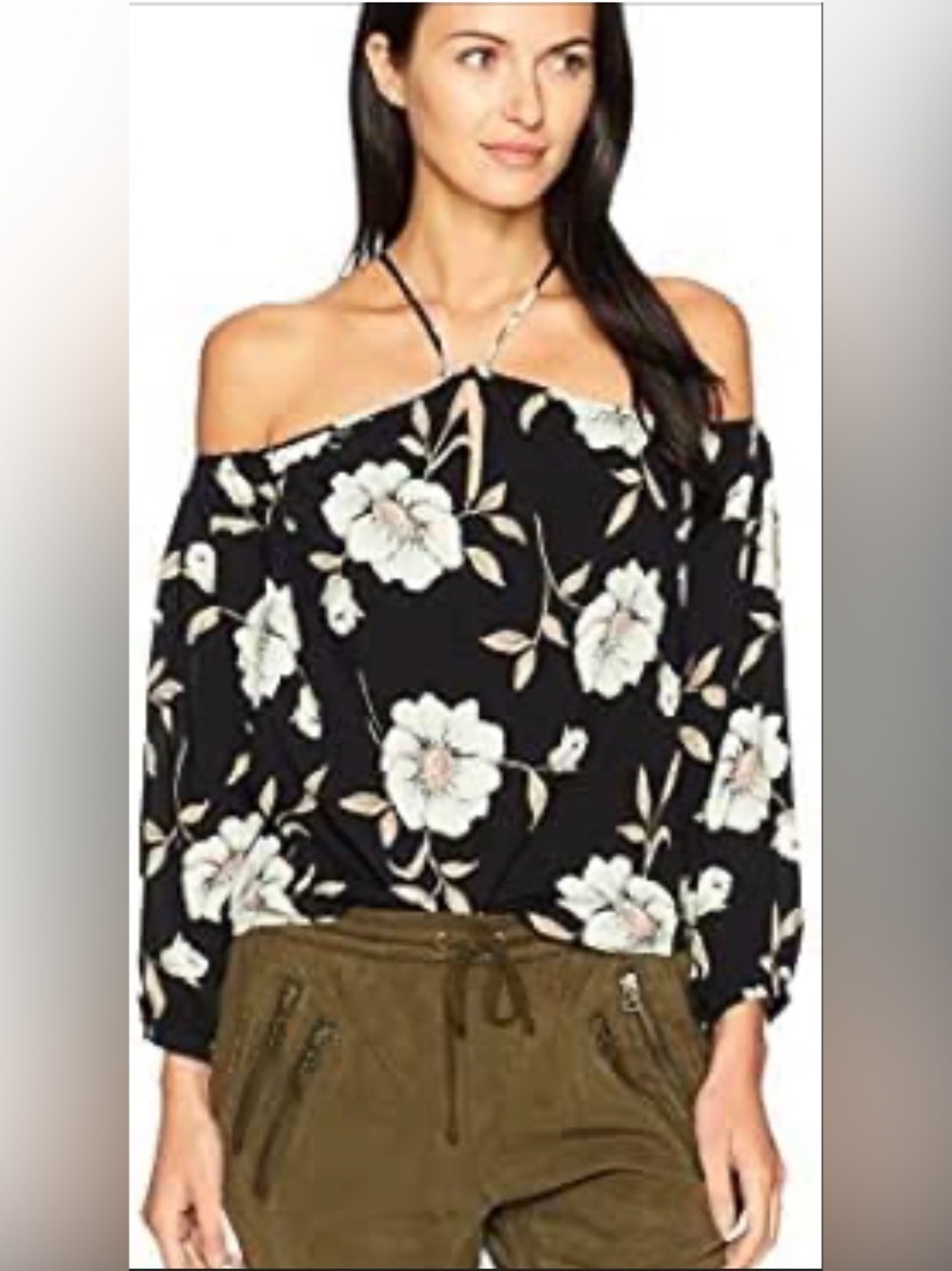 Lucca Off-Shoulder Black Floral Halter Women’s Blouse Medium